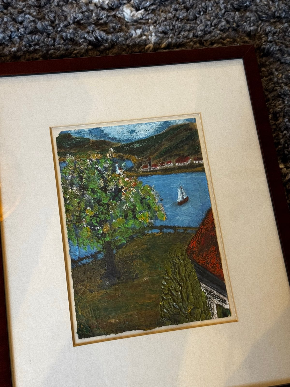 Schilderij met landschap en water, ingelijst/ Hennie, Paneel, Realistisch, Ophalen of Verzenden, Landschap