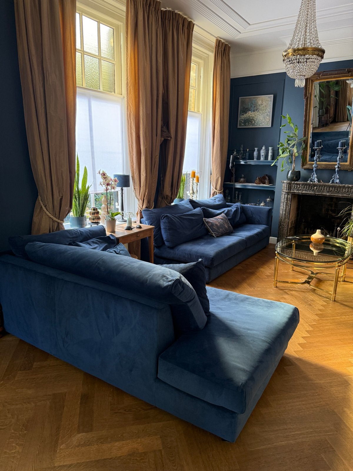 Luxe blauwe fluwelen banken - in goede staat, Ophalen, 250 tot 300 cm, 100 tot 125 cm, Zo goed als nieuw