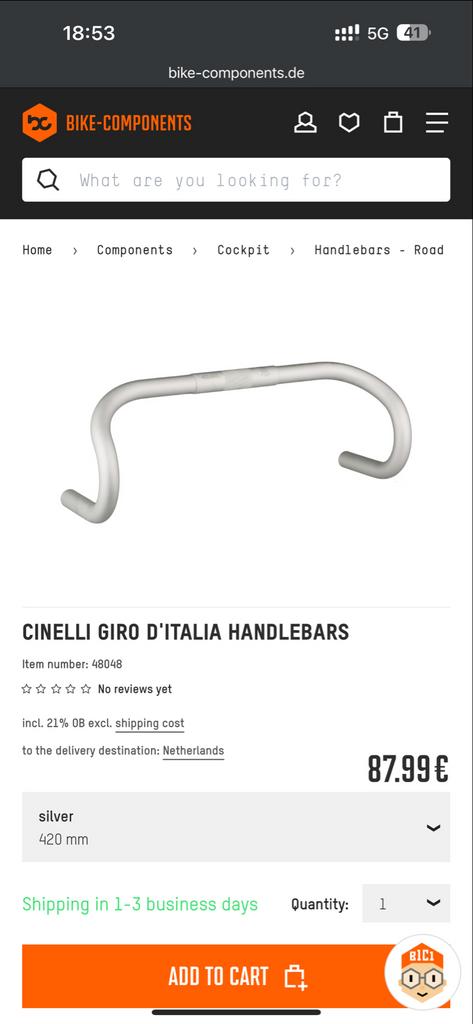 Cinelli Giro d'Italia Racefiets Stuur 42-64mm, Ligfiets, Stuur, Ophalen of Verzenden, Zo goed als nieuw