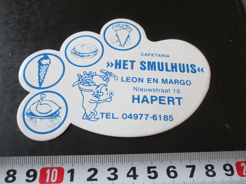 sticker hapert cafetaria HET SMULHUIS leon en margo, Verzamelen, Stickers, Ophalen, Zo goed als nieuw