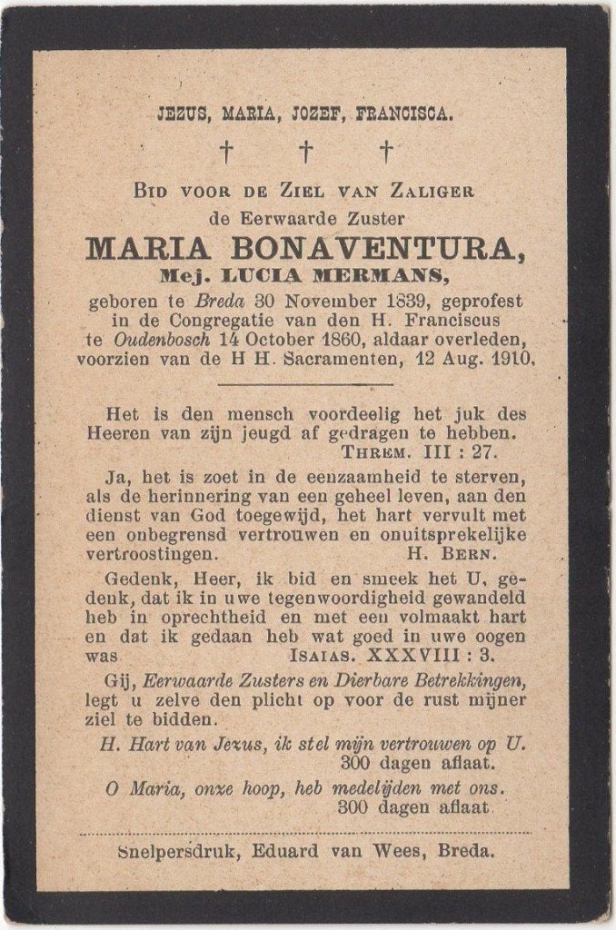 zr. Lucia Mermans 1839 Breda + 1910 Oudenbosch, 70 jaar, Verzenden