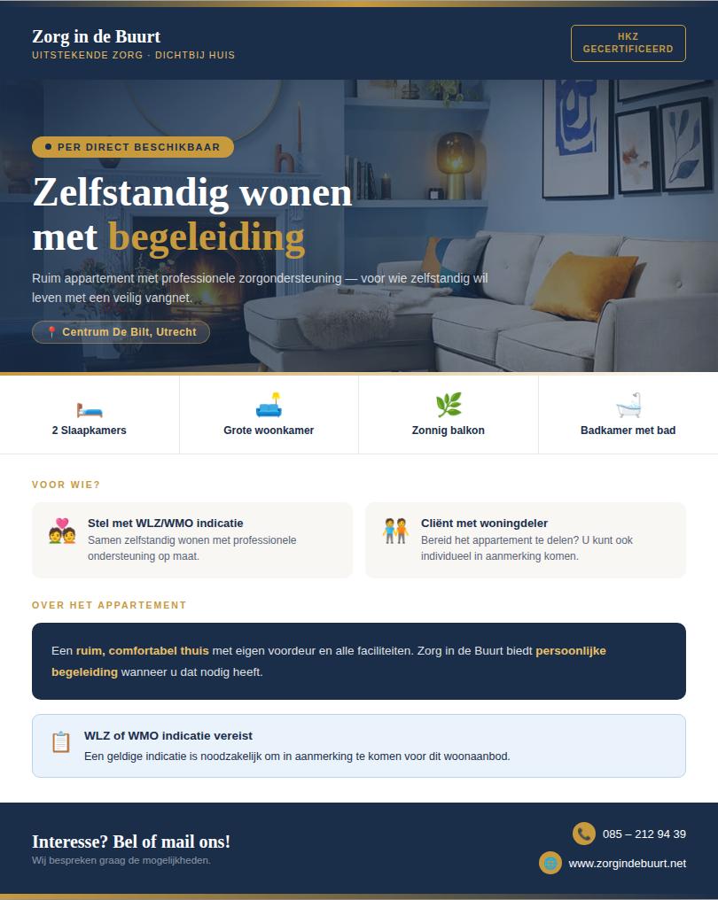 Begeleid wonen in De Bilt – WLZ/WMO verplicht, 85 m², Appartement, De Bilt, Utrecht