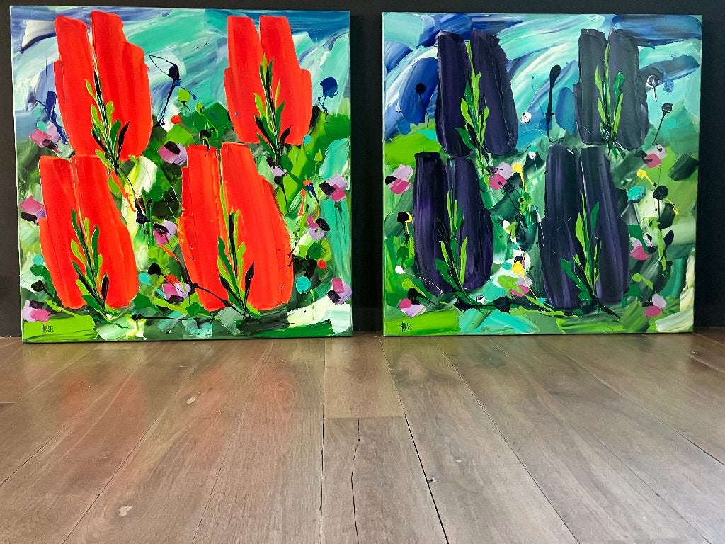Ad van Hassel tweeluik Tulpen 100x100, Ophalen, Acrylverf, Handgeschilderd, Bloemen
