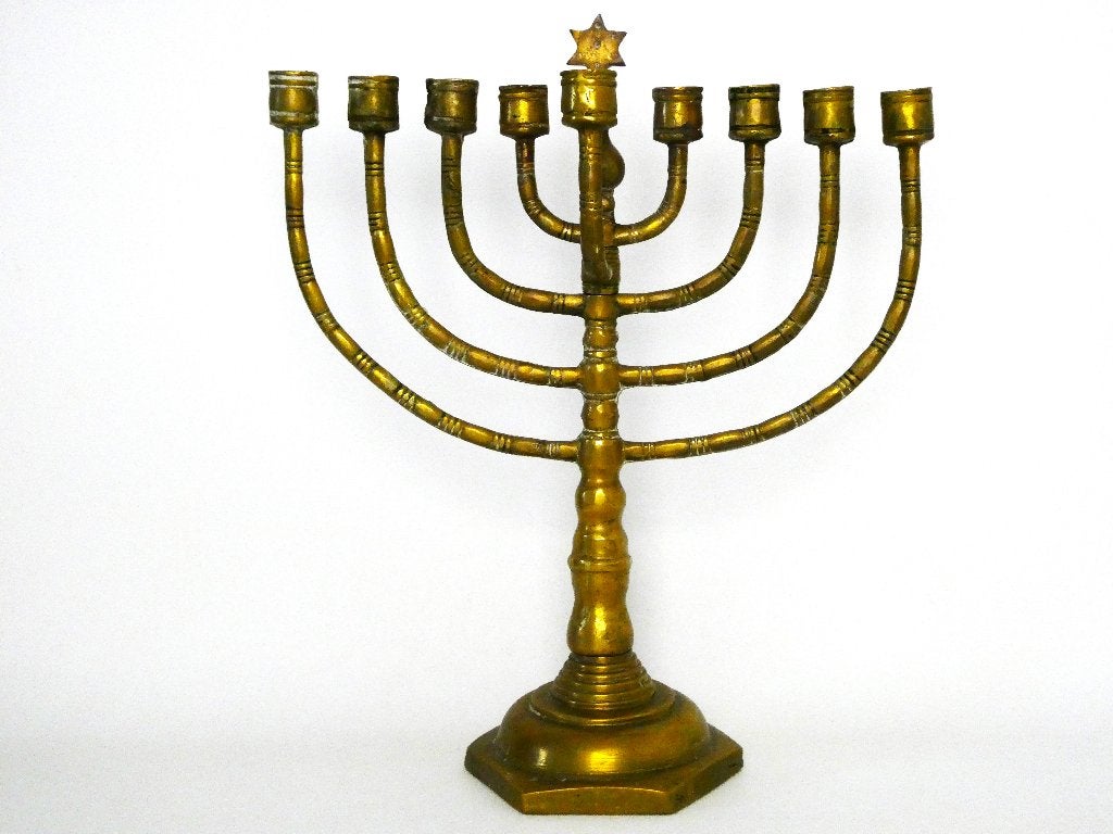 9 Armige Joodse Chanoeka kandelaar met Davidster, Ophalen of Verzenden, Koper of Brons