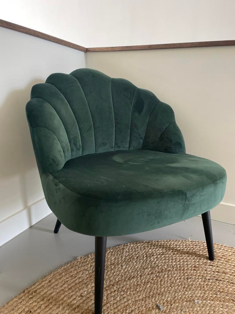Groene fluwelen schelpstoel - Zo goed als nieuw, Ophalen, Zo goed als nieuw, 75 tot 100 cm, 50 tot 75 cm