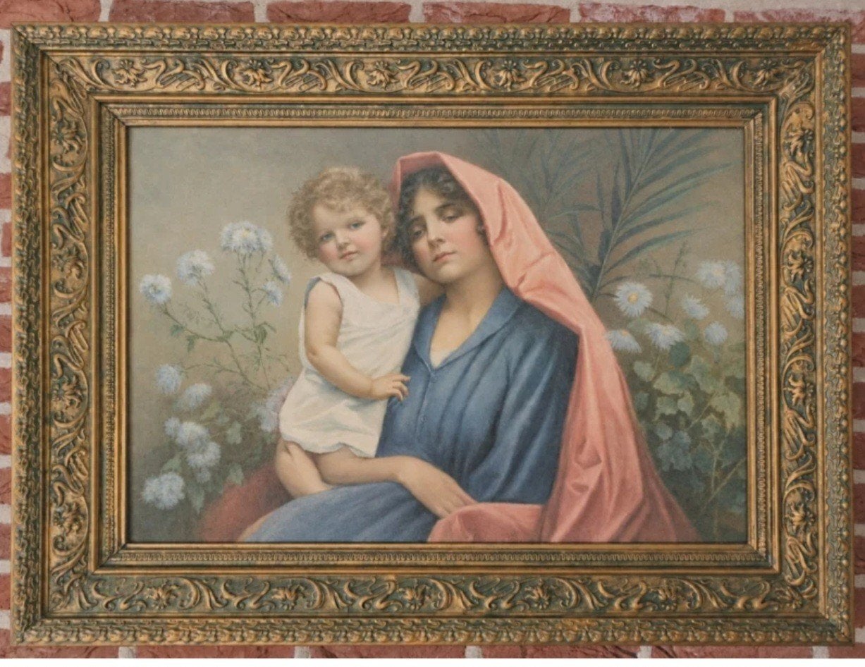 Groot schilderij Madonna met Kind, Antiek en Kunst, Portret of Personen, Overige ondergronden, Klassiek, Print