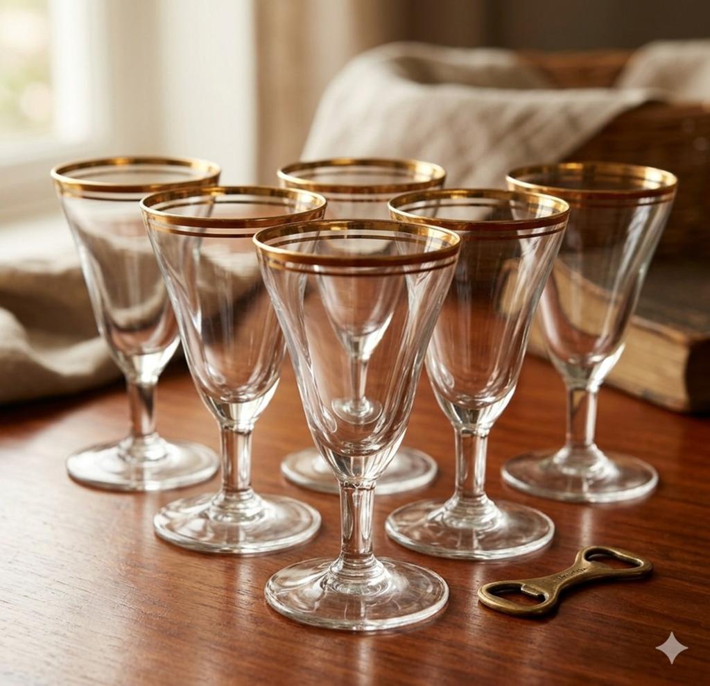 6 vintage likeur-/cocktailcoupe glazen met gouden rand, Ophalen, Zo goed als nieuw, Overige typen