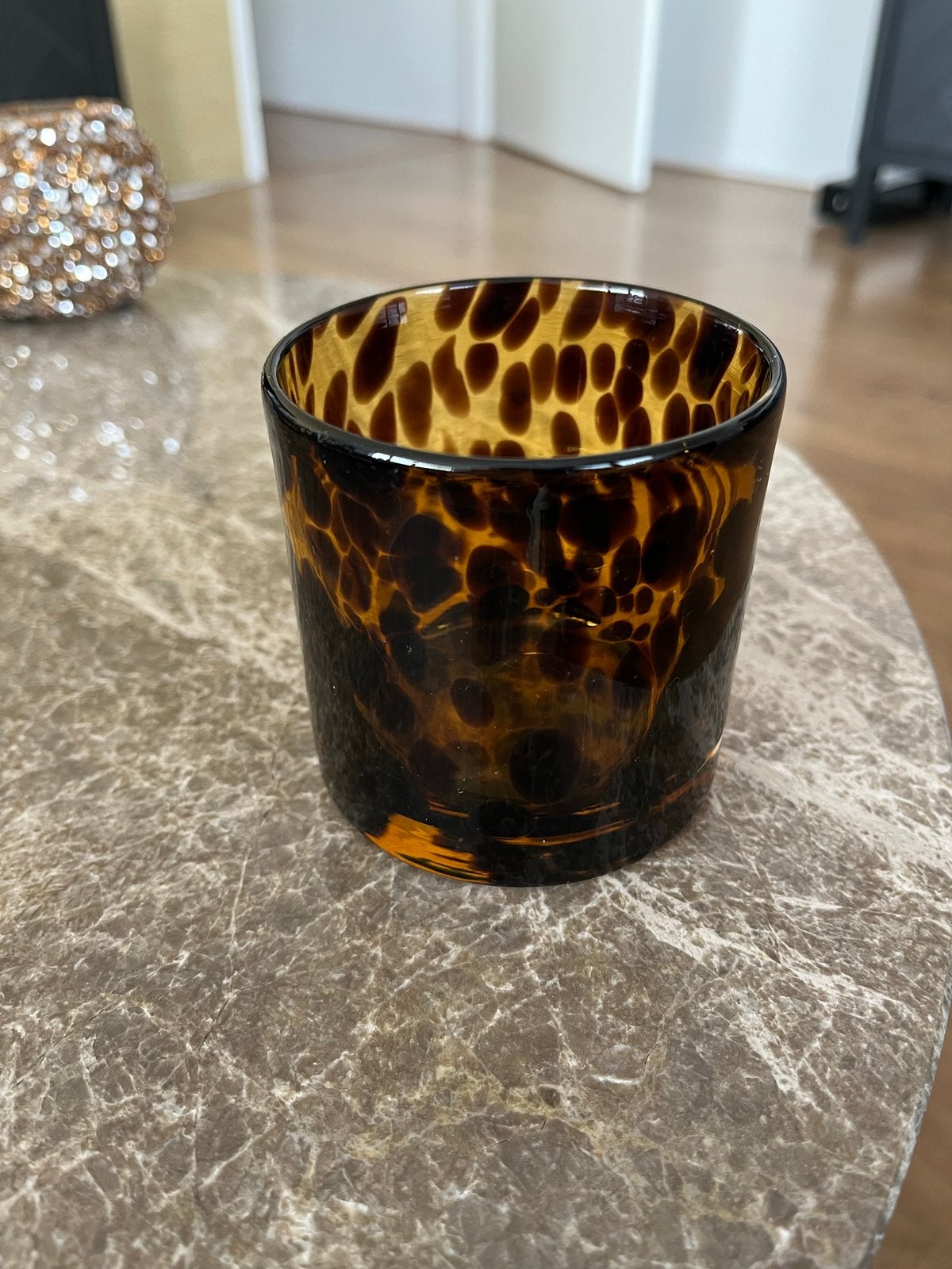 Glazen theelichthouder met luipaardprint 8 cm, Ophalen of Verzenden, Zo goed als nieuw, Modern, Glas