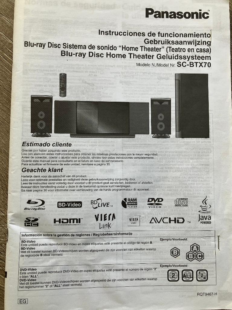 Panasonic SC-BTX70 Blu-ray Home Cinema System, Ophalen, Panasonic, Blu-ray-speler, 70 watt of meer
