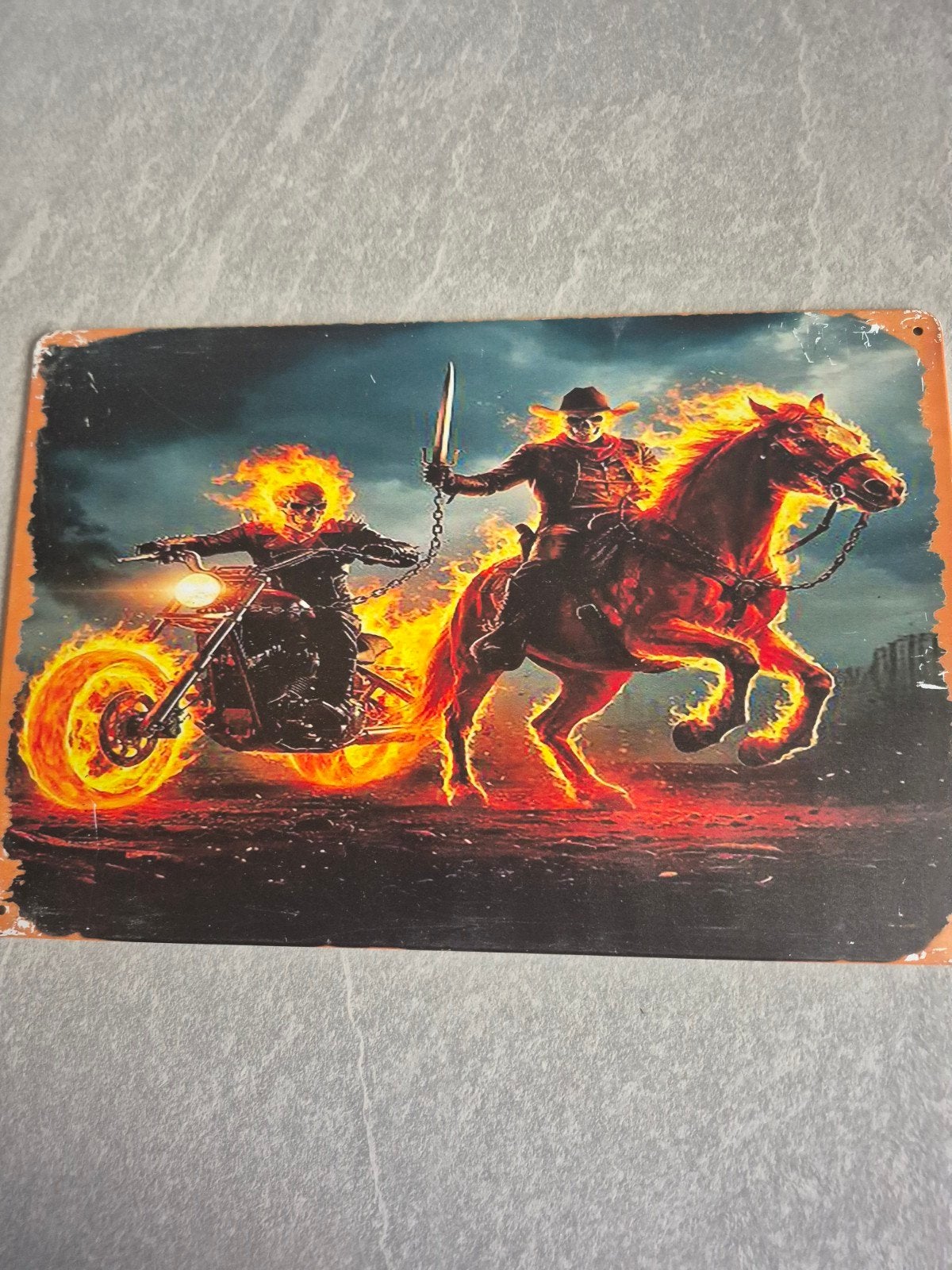 Ghost Rider en Cowboy op Vuurpaard Metalen Plaat, Huis en Inrichting, Minder dan 50 cm, Gebruikt, Overige typen, Ophalen of Verzenden