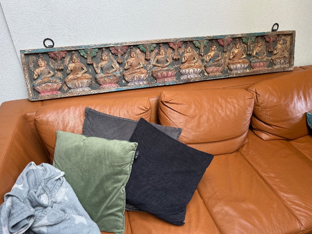 Indiase boeddha houtsnijwerk India wandpaneel uniek 187 cm, Huis en Inrichting, 187 cm, Oosters, Hout, Meerkleurig