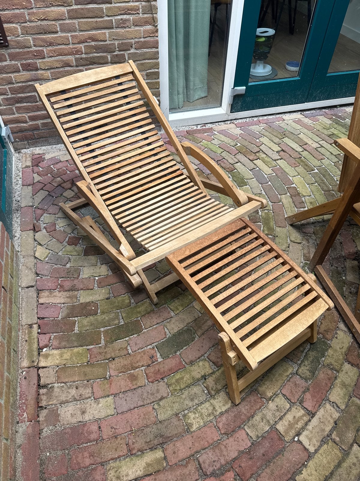 Teakhouten ligstoel met voetenbank - verstelbaar, Tuin en Terras, Ophalen, Gebruikt, Teakhout, Verstelbaar