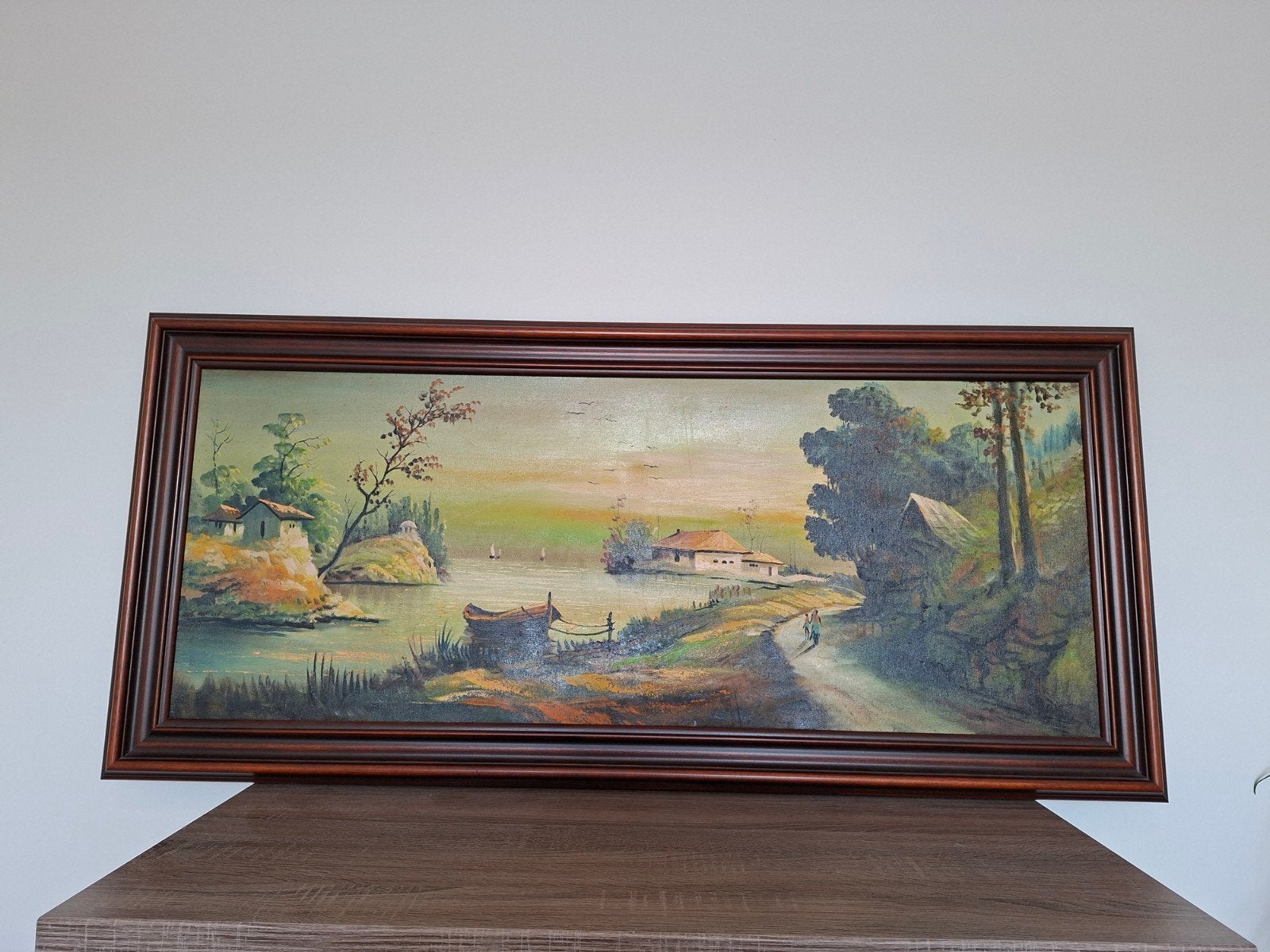Schilderij Landschap met water en huizen, Antiek en Kunst, Ophalen of Verzenden