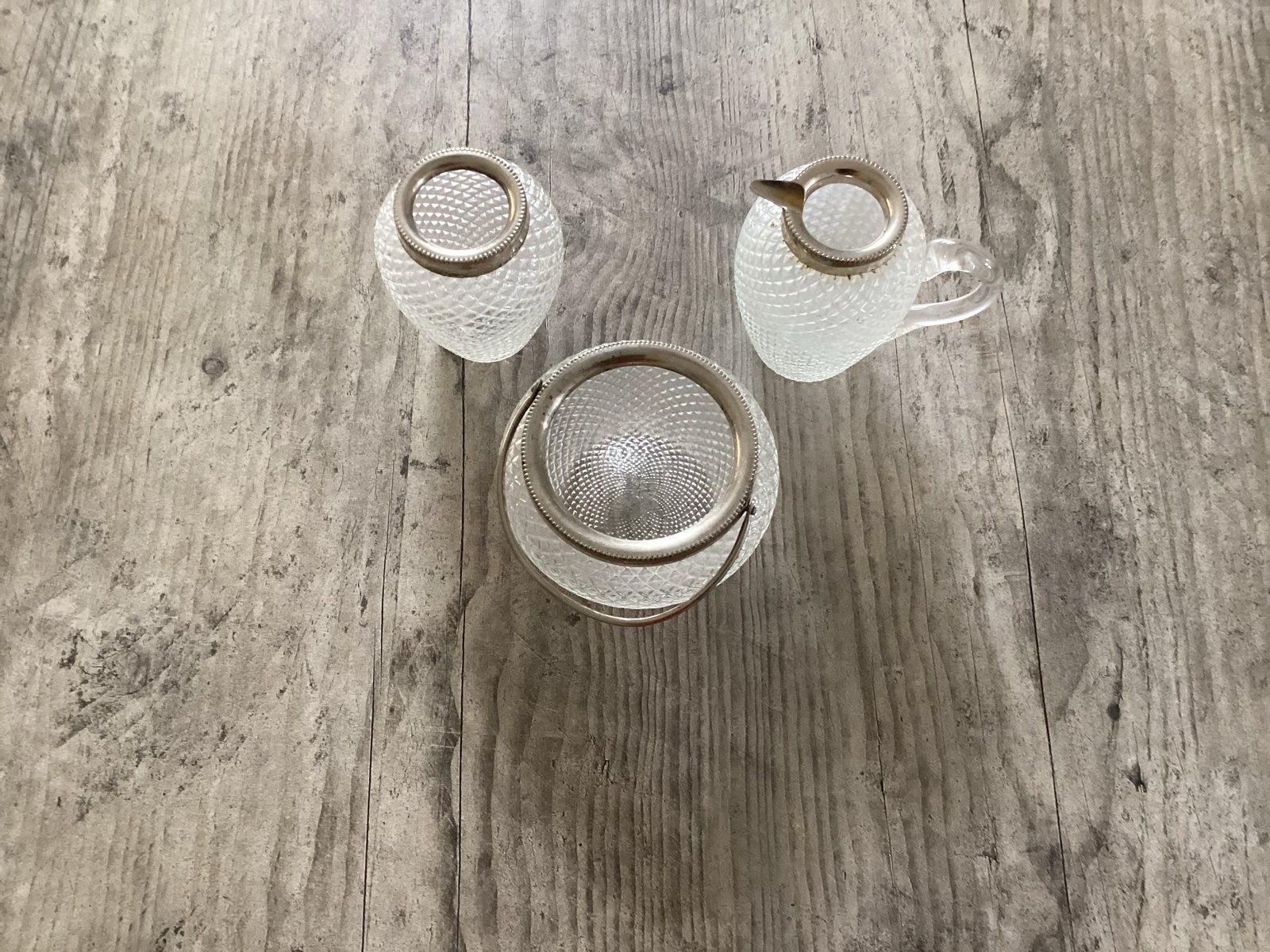 Vintage glazen suikerpot, melkkan en lepel potje, Ophalen of Verzenden