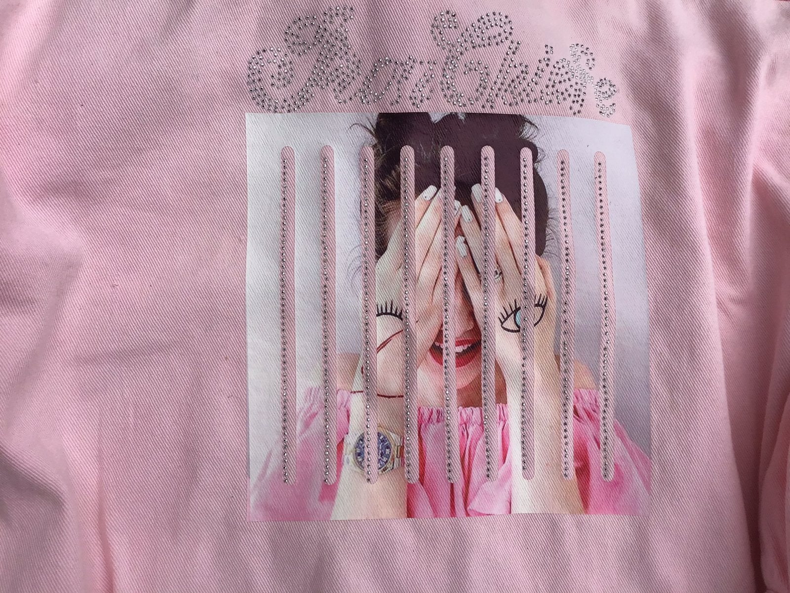 Spijkerjack meisje M:34, licht roze, met print achterop, Ophalen of Verzenden, Zo goed als nieuw, Meisje, Jas