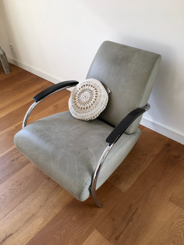Gelderland 5470 Jan de Bouvrie | groen leer vintage fauteuil, Ophalen, Gebruikt, 75 tot 100 cm, 50 tot 75 cm