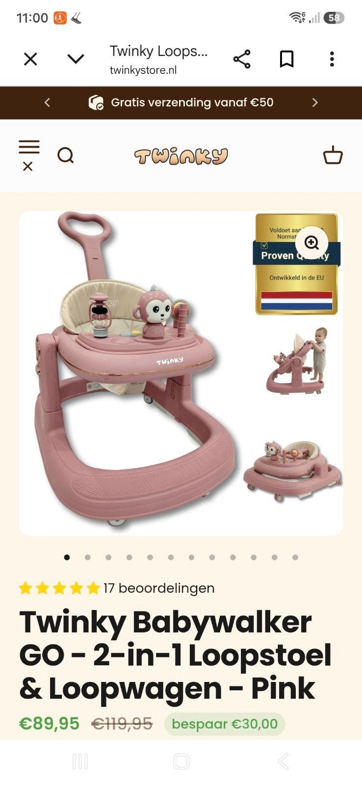 Twinky Babywalker GO 2-in-1 Loopstoel & Loopwagen - Roze, Kinderen en Baby's, Ophalen, Zo goed als nieuw, Overige typen, Met wieltjes