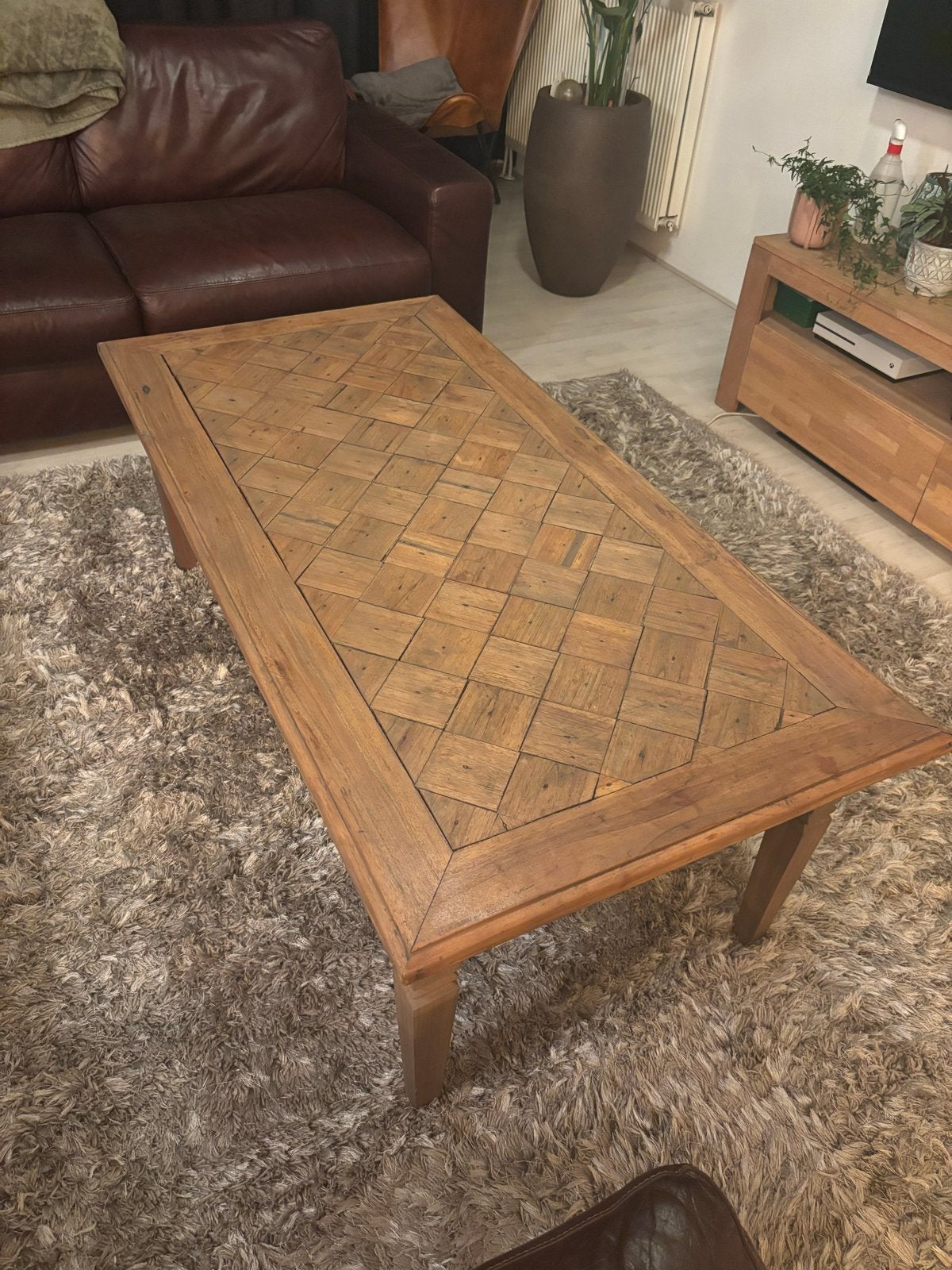 Houten salontafel met ingelegd patroon, Ophalen, Gebruikt, 100 tot 150 cm, 50 tot 100 cm