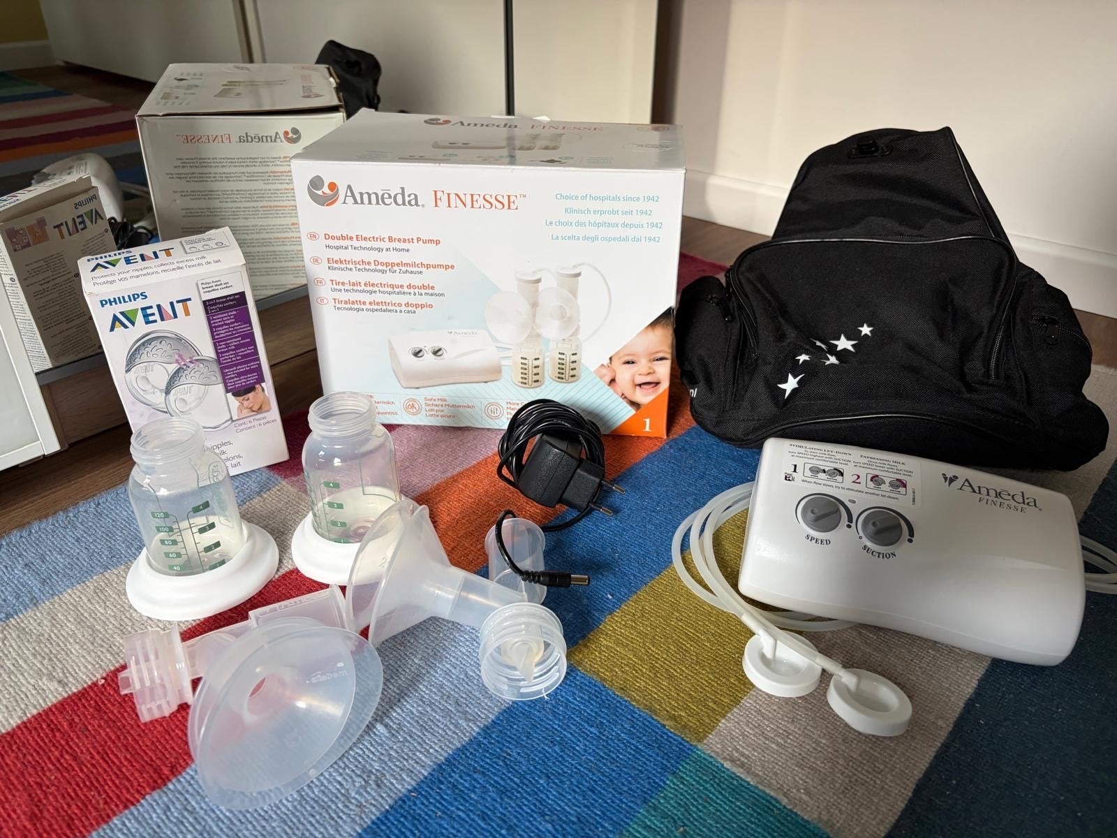 Ameda Finesse dubbele elektrische borstkolf + accessoires, Ophalen, Gebruikt