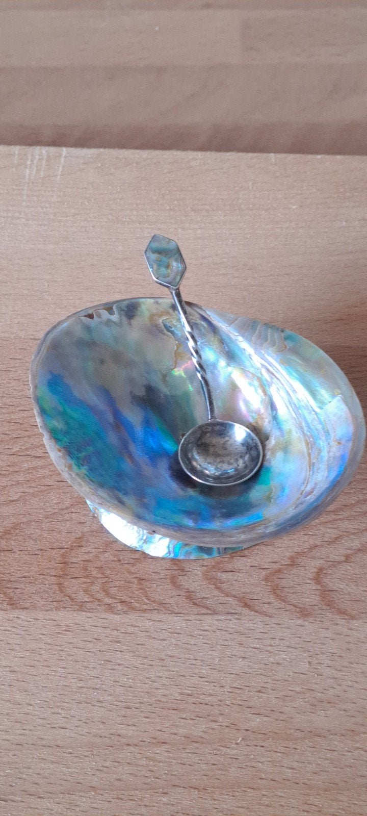 Antiek Paua Abalone schelpschaaltje met zilveren lepeltje, Ophalen of Verzenden, Zilver