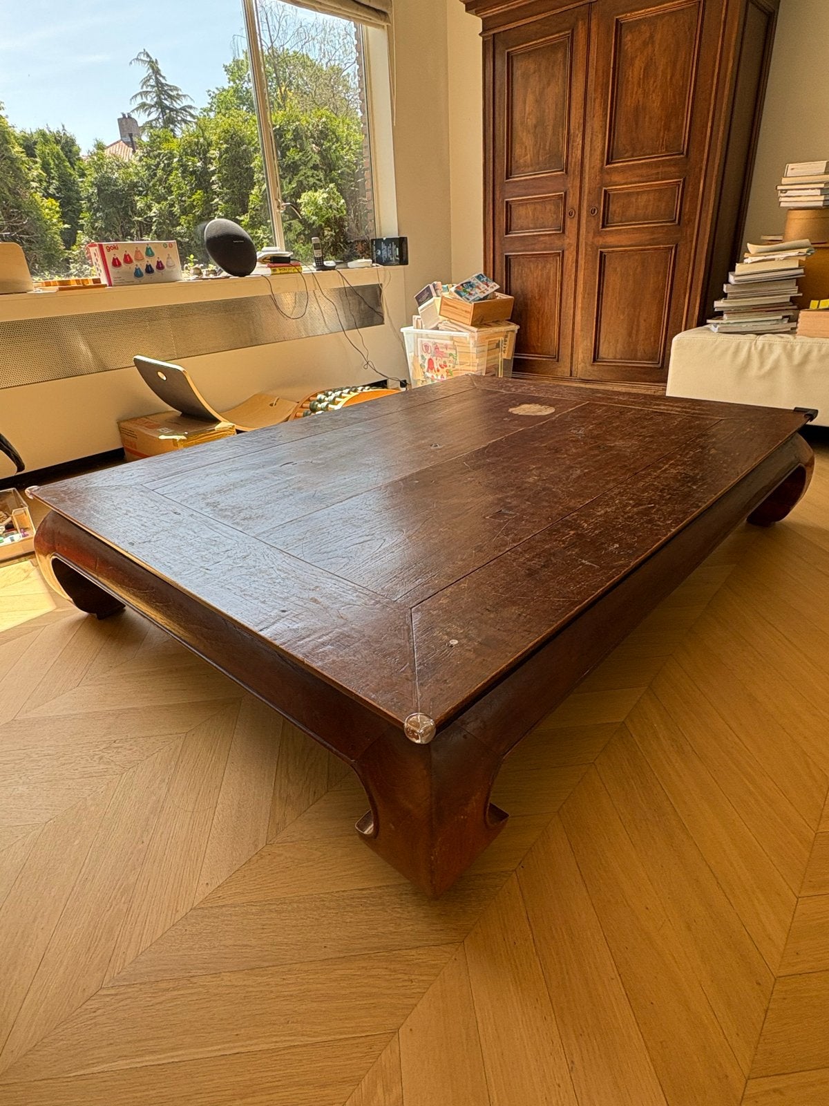 Unieke Teakhouten Salontafel - Robuust en Stijlvol, Huis en Inrichting, Tafels | Salontafels, Ophalen, Gebruikt, 100 tot 150 cm