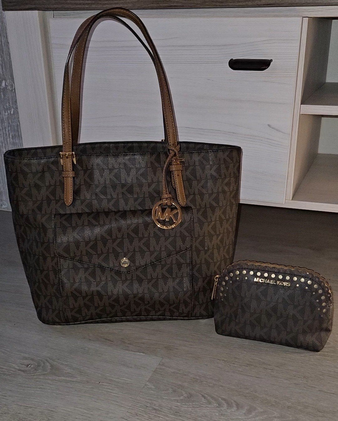 Michael Kors Jet Set Large Snap Pocket Tote Bag Bruin Monogr, Ophalen, Zo goed als nieuw, Shopper