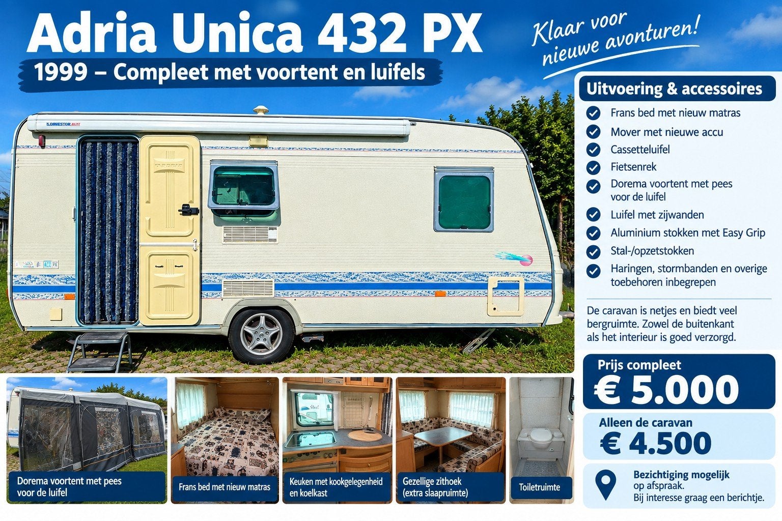 Adria Unica 432 PX - Complete caravan met voortent en luifel, Caravans en Kamperen, Frans bed, Treinzit, 750 - 1000 kg, Particulier