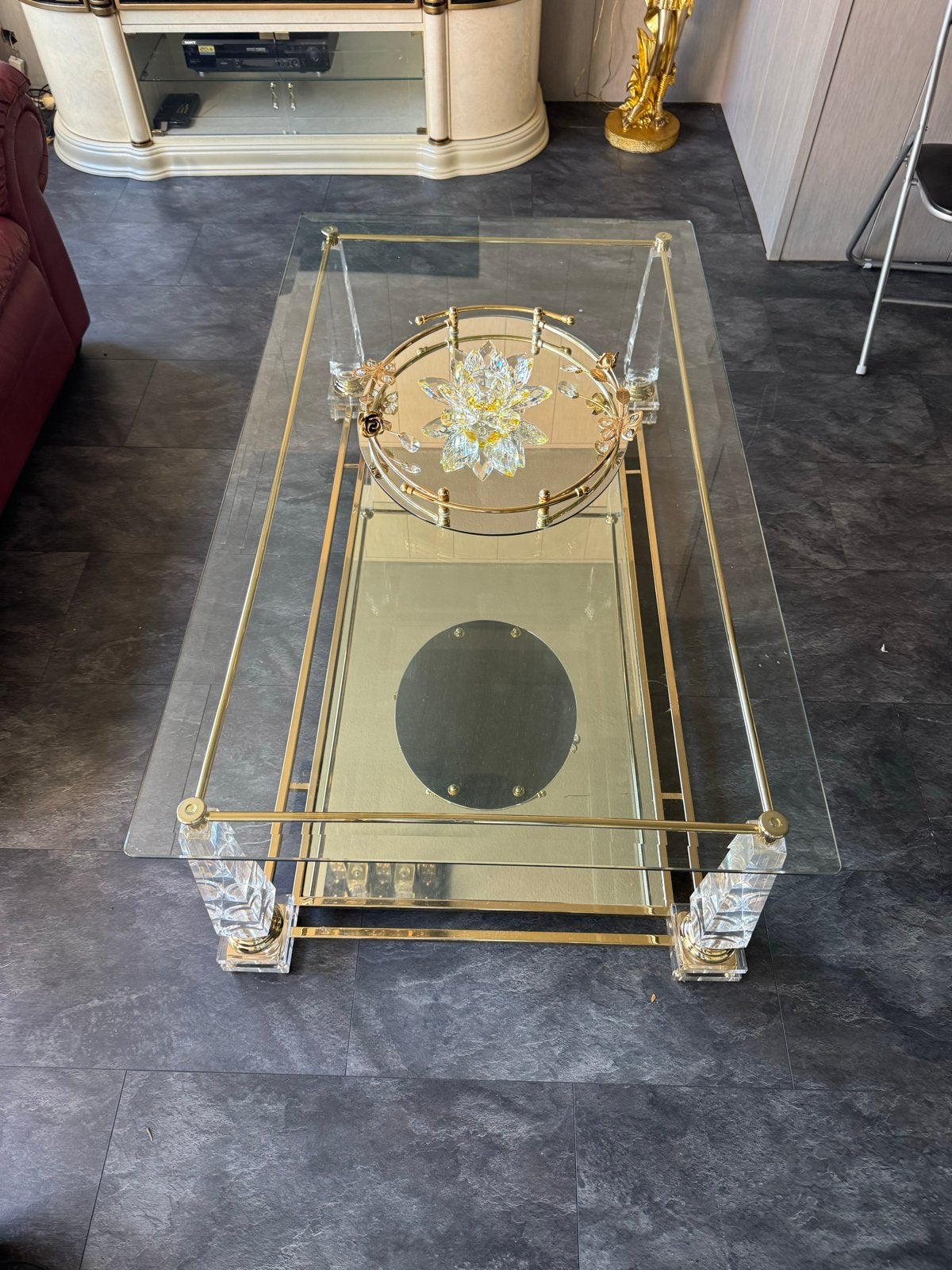 Luxe glazen salontafel met gouden accenten, Ophalen, 50 – 75, 100 tot 150 cm, 50 tot 100 cm