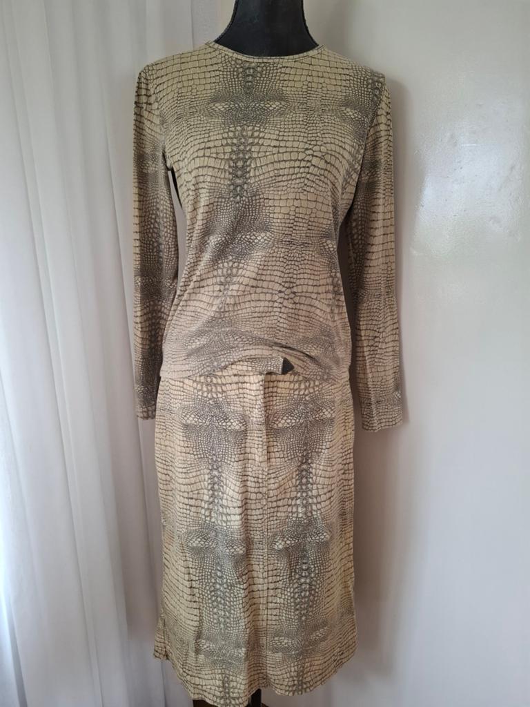 Vintage Roberto Cavalli Jeans Krokodillenprint Set Top & Rok, Kleding | Dames, Maat 38/40 (M), Cavalli Jeans, Verzenden, Beige
