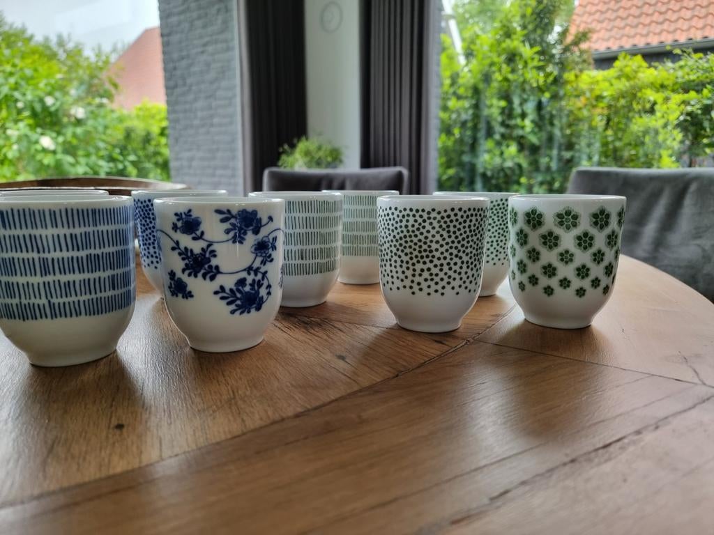 14 Koffiekopjes / bekers Ikea  Entusiasm wit / blauw / groen, Ophalen of Verzenden, Zo goed als nieuw, Overige stijlen, Kop(pen) en/of Schotel(s)