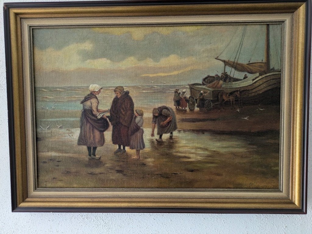 Schilderij Vissersvrouwen op het strand, Antiek en Kunst, Maritiem / water, Oud hollands, Olieverf, Ophalen