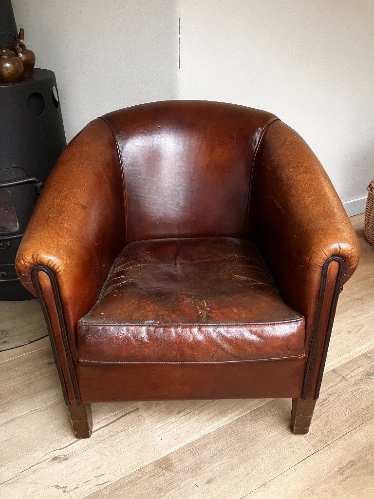 Engelse Clubfauteuil van Echt Schaapsleer – Cognac, Ophalen, Gebruikt, Klassiek, 50 tot 75 cm