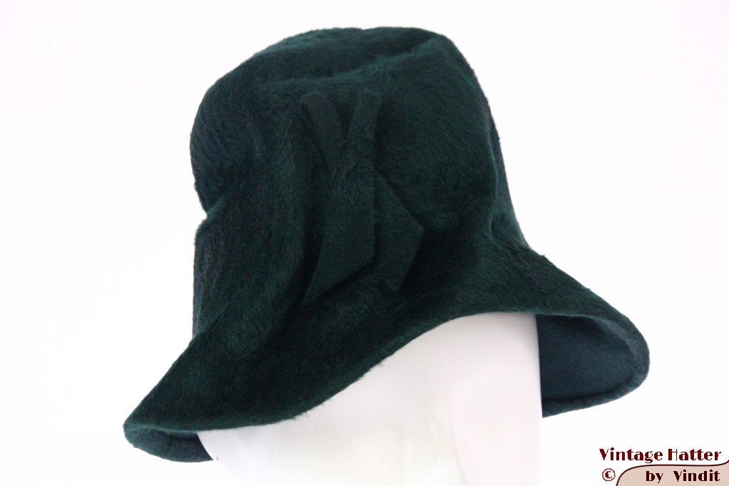 Vintage Dames cloche dophoed G. Rossi groen haarvilt 53, Gebruikt, Meisje, Hoed, Ophalen of Verzenden
