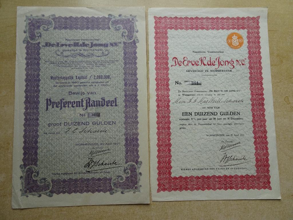 Aandeel/ Preferend Aandeel van De Erve H.de Jong+Geschiedeni, Postzegels en Munten, Aandelen en Waardepapieren, Ophalen of Verzenden