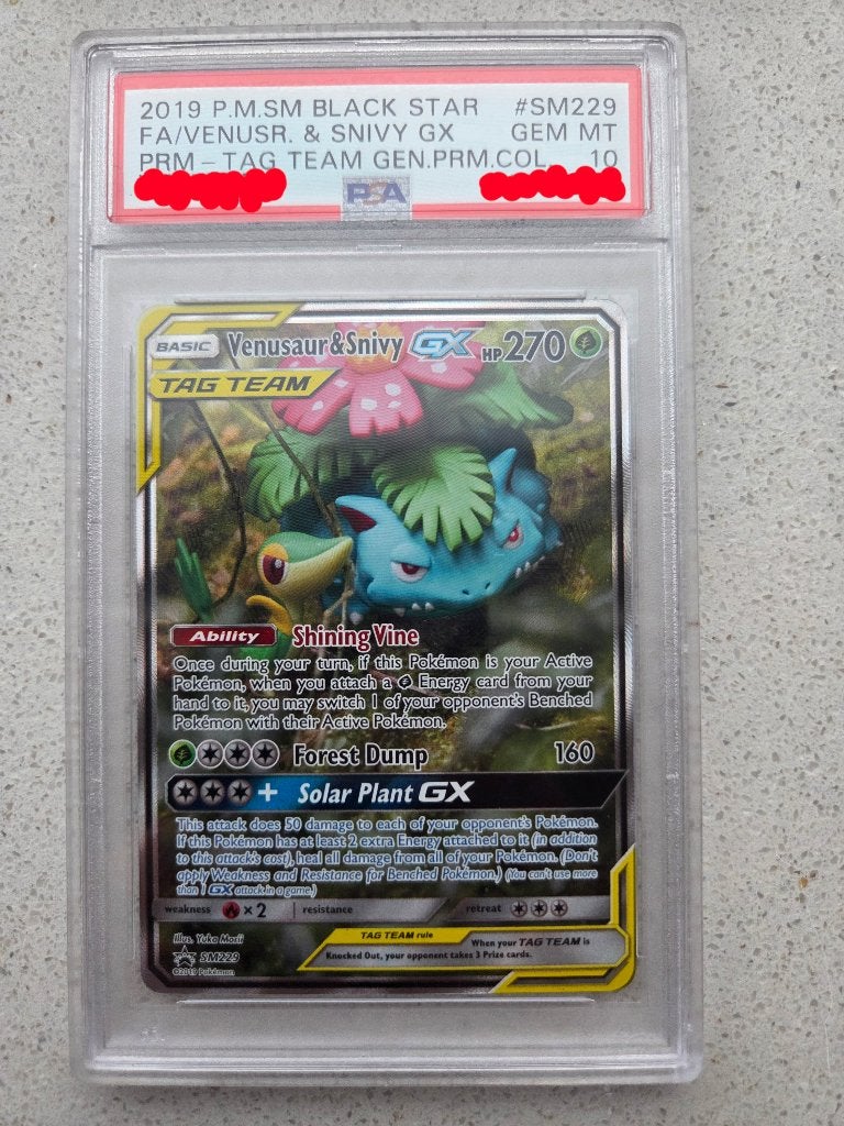 PSA 10 Venusaur & Snify SM229 Tag Team Black Star Promo, Ophalen of Verzenden, Zo goed als nieuw, Losse kaart