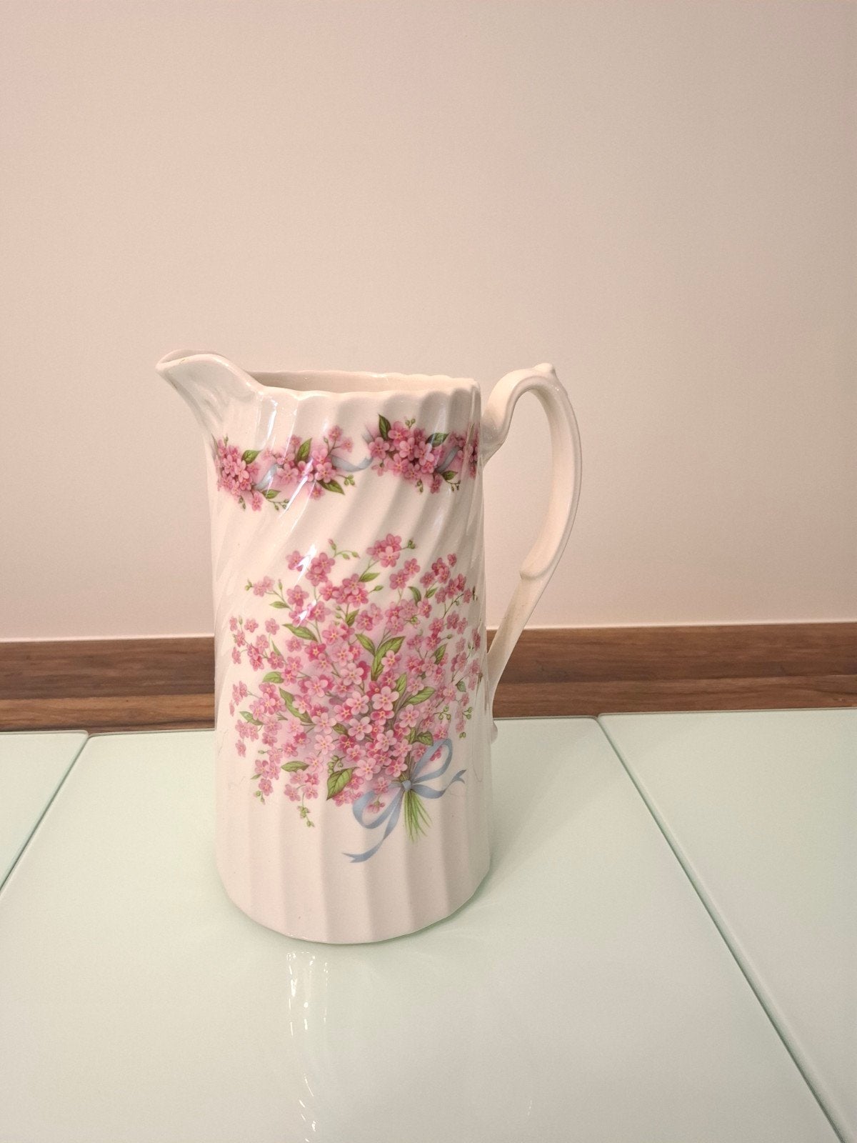 Vintage Meander Keramieken Schenkkan met Bloemen, Ophalen of Verzenden