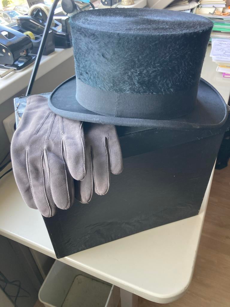 Zwarte hoge hoed met grijze handschoenen, Ophalen of Verzenden, Gedragen, One size fits all, Hoed