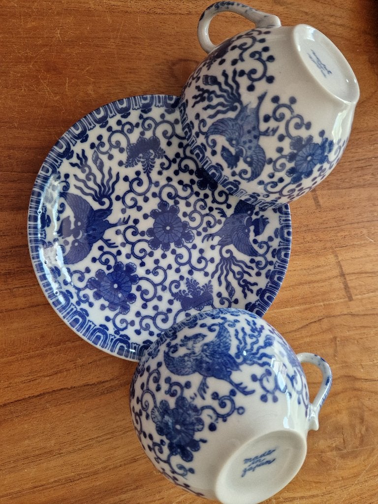 2 Made in Japan theekopjes blauwe feniks - Vintage Servies, Ophalen of Verzenden