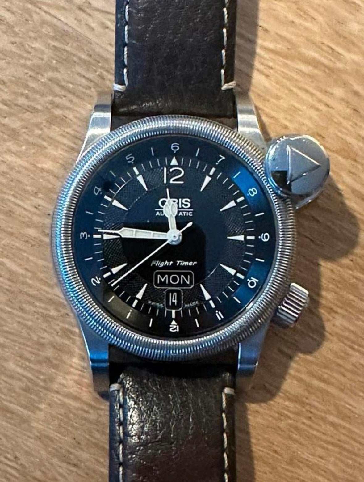 Oris Big Crown Flighttimer day date - 42mm - full set, Ophalen, Zo goed als nieuw, Leer, Overige merken