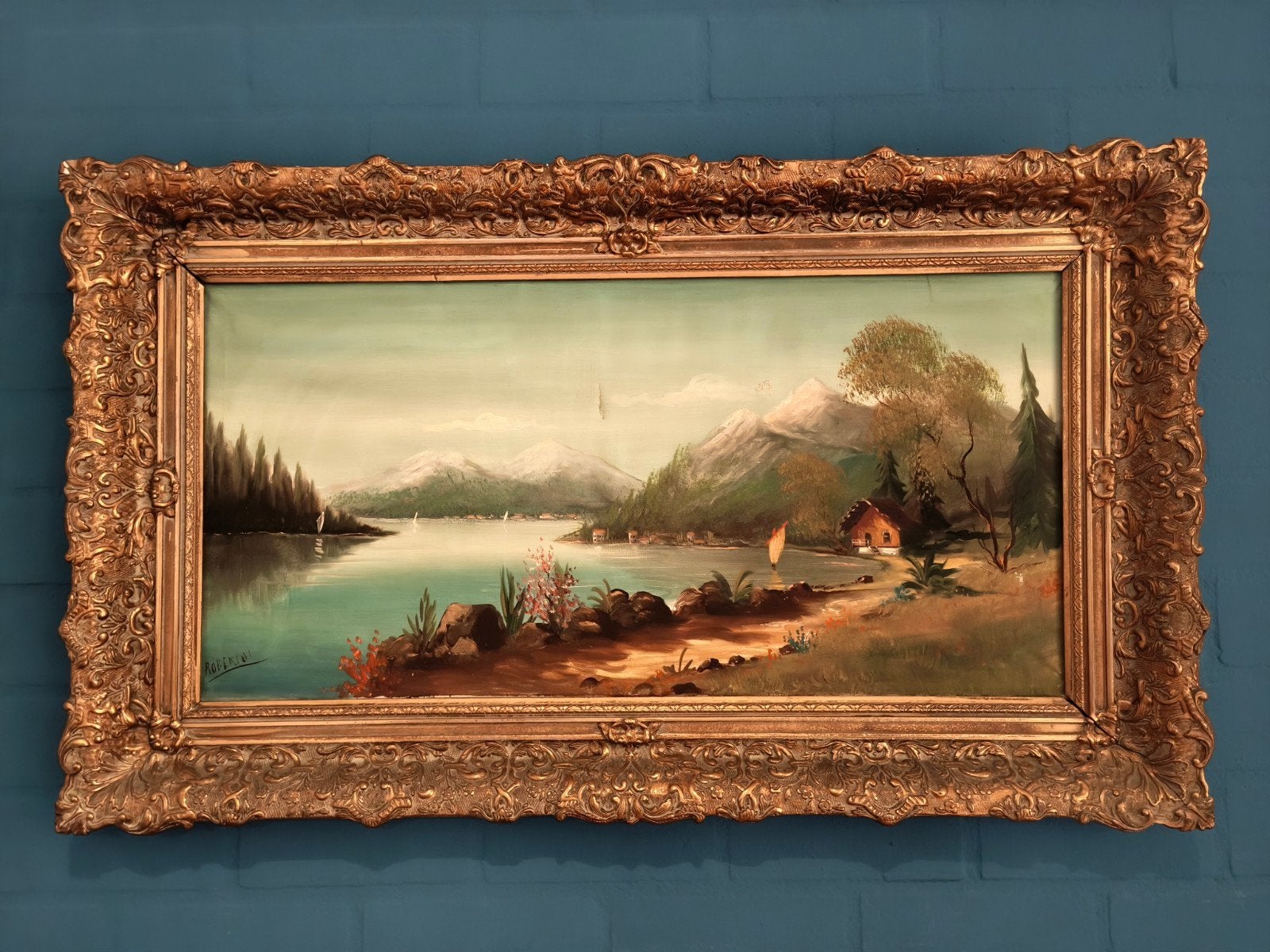 gesigneerd landschap schilderij in sierlijke gouden li, Antiek en Kunst, Ophalen, Landschap
