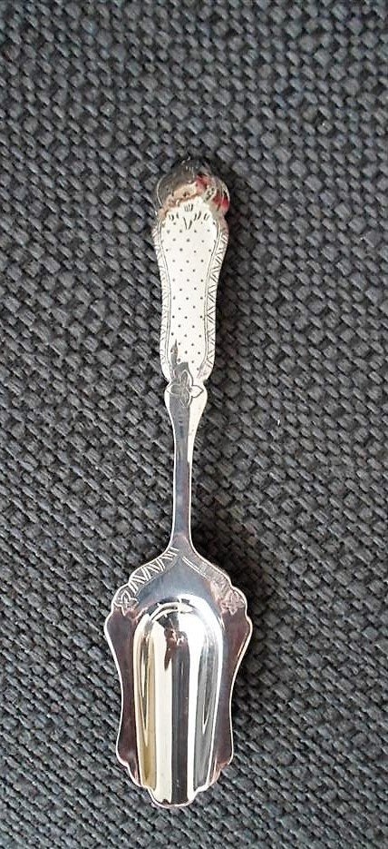 Suikerlepel Biedermeier Douwe Egberts. SOLA 100. VERZILVERD, Ophalen of Verzenden