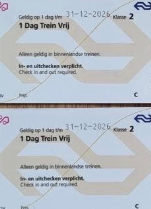 Vrij reizen dagkaarten 2 stuks OPHALEN, Tickets en Kaartjes, Trein, Bus en Vliegtuig, Twee personen, Trein, Nederland, Overige typen