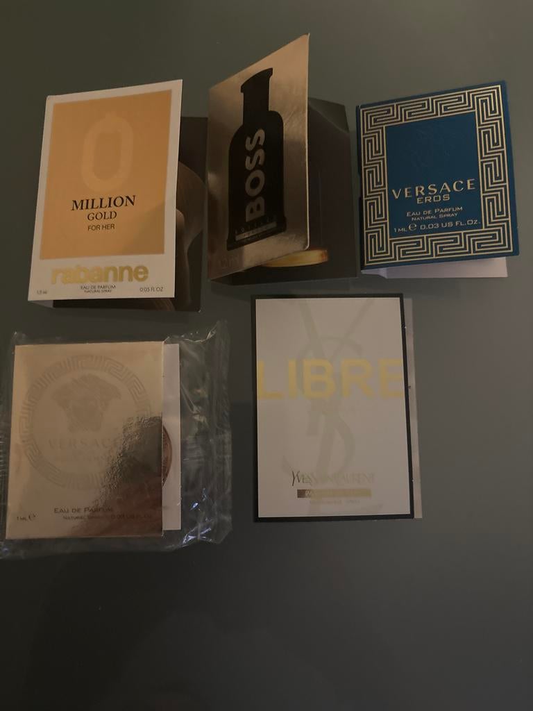 Parfum samples: Million Gold, Boss Absolu, Eros, Libre, Ophalen of Verzenden, Nieuw