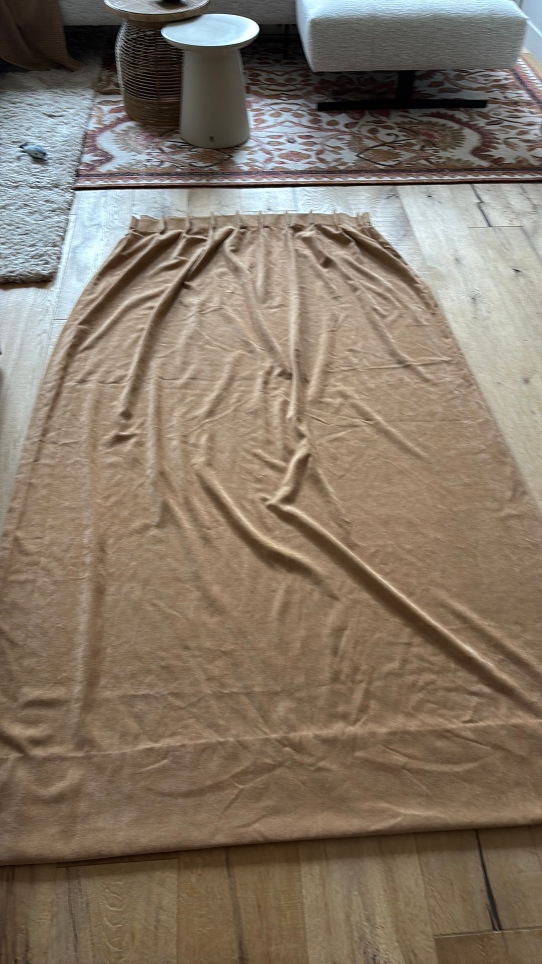 Velour gordijn zeer lang cognac tint zgan, Verzenden, Zo goed als nieuw, Gordijn