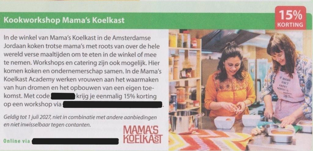 Kookworkshop Mama’s Koelkast. 15% korting. Postcode bon., Tickets en Kaartjes, Kortingen en Cadeaubonnen, Eén persoon, Warenhuis- of Winkelbon