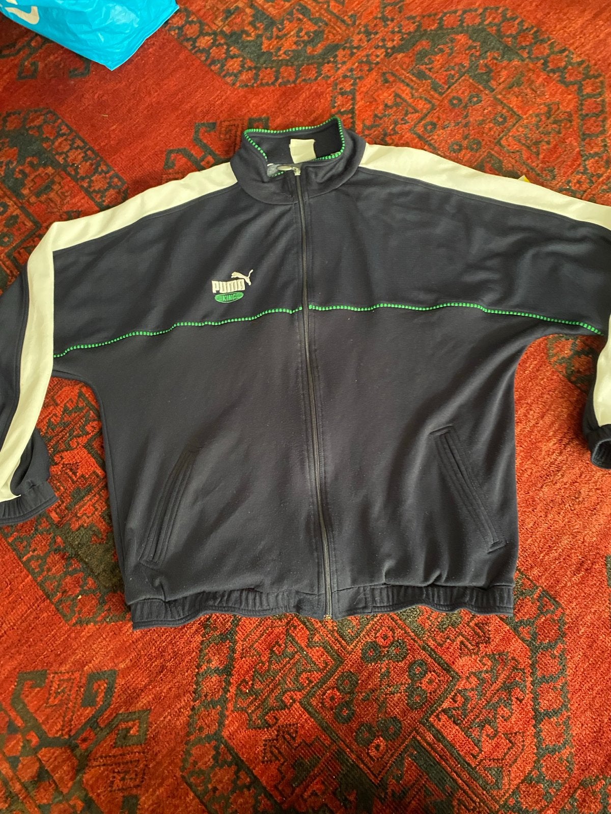 Vintage Puma King trainingsjack - Donkerblauw met groen, Ophalen of Verzenden, Gedragen