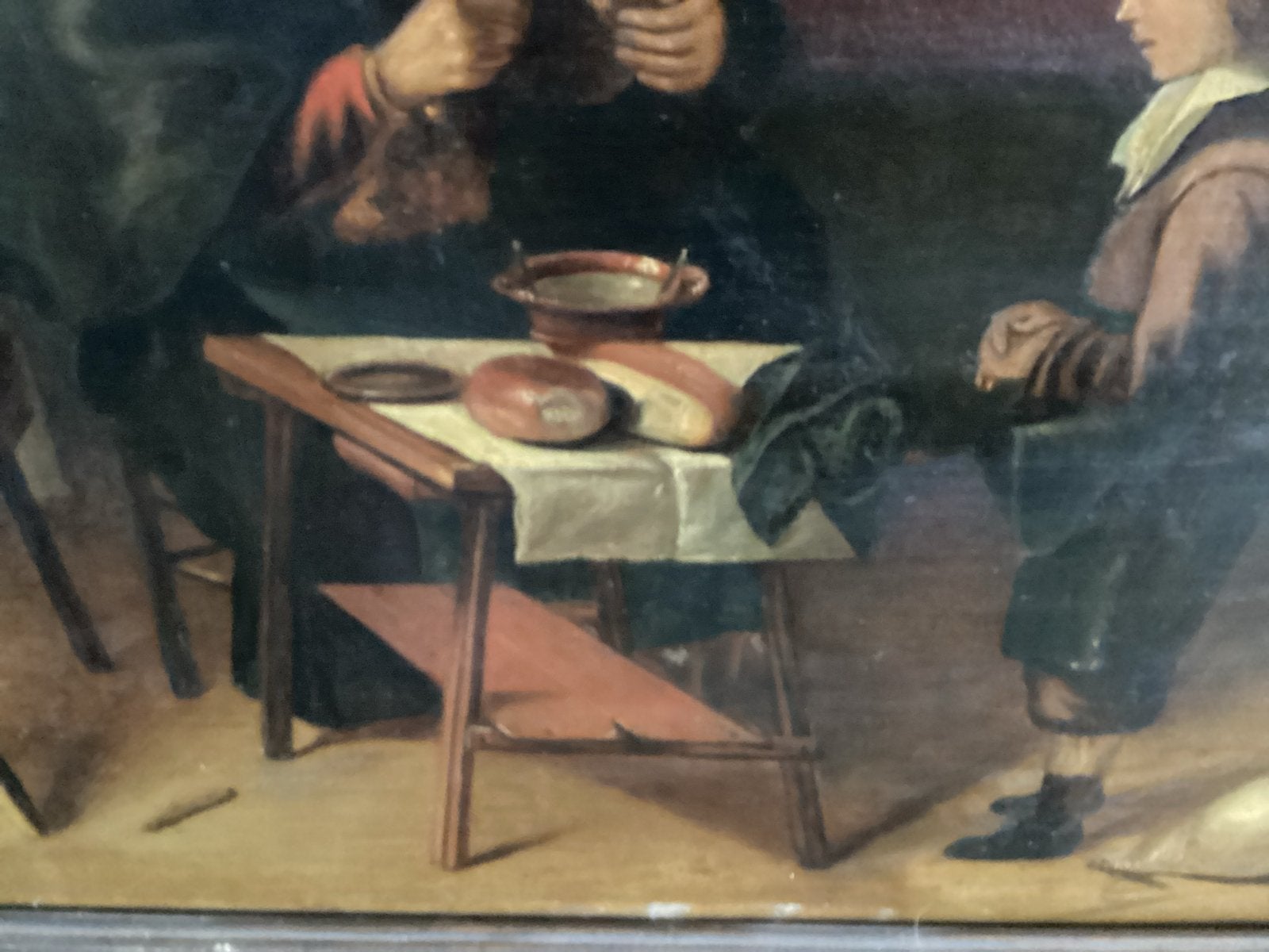 Antiek schilderij: Binnenhuis met oude vrouw en jongen, Ophalen