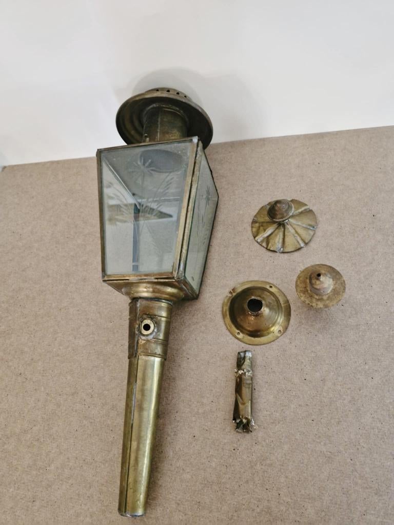 Oude koetslamp,gegraveerd glas, messing,opkanpper, Ophalen of Verzenden