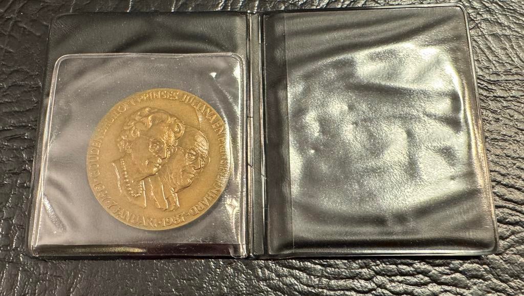 Brons penning PRINSES JULIANA en BERNHARD gouden bruiloft, Ophalen of Verzenden, Brons