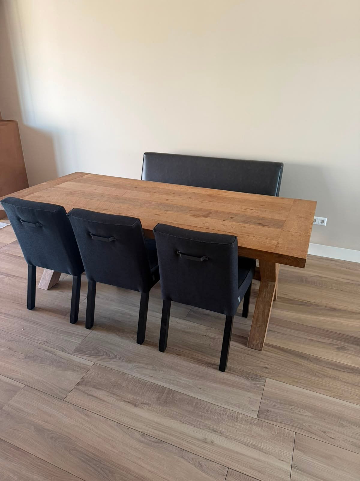 Houten eettafel, bank en stoelen, Ophalen, Gebruikt, 200 cm of meer, 50 tot 100 cm